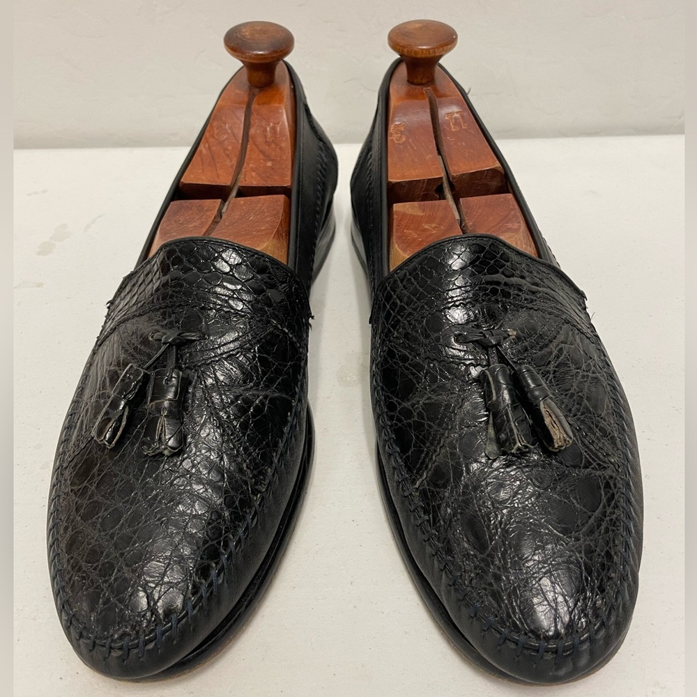 DAVID‎ EDEN Hand Made Crocodile & Nappa Leather Tassel Loafer in Black Size 11